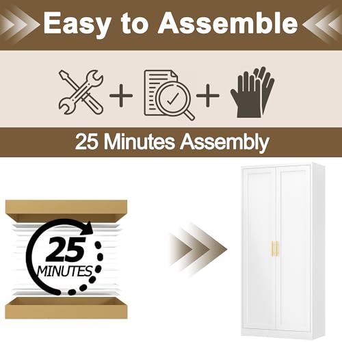 Image of 71 inch H Metal Storage Cabinet, Tall Storage Cabinet with Doors & 4 Adjustable Shelves, White Pantry Cabinet for Kitchen, Dining Room & Living Room