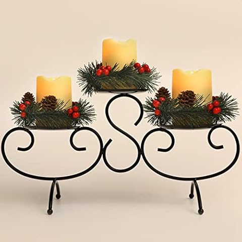 Christmas Table Decorations with 3 Flameless LED Candles Christmas Candle Holders for Pillar Candles with 3 Christmas Rings, Black Candle Holders for Table Centerpiece for Dining Room Fireplace Mantel Cover