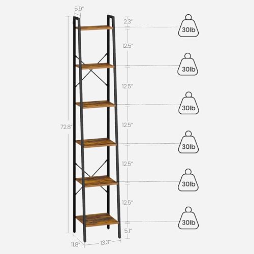 Image of Hzuaneri 6-Tier Ladder Shelf, Narrow Bookshelf, Freestanding Bookcase, Corner Storage Shelves with 2 Hooks for Home Office, Living Room, Kitchen, Bedroom, Industrial, Rustic Brown and Black BC13301B