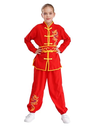 Hansber Kampfkunstkostüm Für Kinder Langarmshirt Lange Hosen Gürtel Traditionelle Chinesische Uniformen Für Tai Chi Und Wing Chun Rot 134-140