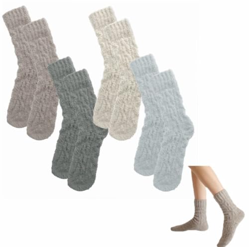 TMZELOA Lot de 4 Paires Chaussettes Pelucheuses pour Femme Tailles 36 à 42, Chaussettes moelleuses en corail d'hiver chaudes，Convient aux voyages à domicile，Peut être Utilisé Comme