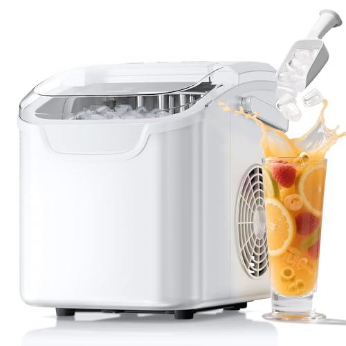 Portable Ice Makers Countertop, 26 lbs/24H,Bullet Ice in 6 Mins, Small Ice Machine with Handle,Scoop,Basket & self-Cleaning, 2 Sizes for Drinks/Seafood, Ideal for Home, Party, RV, Camping