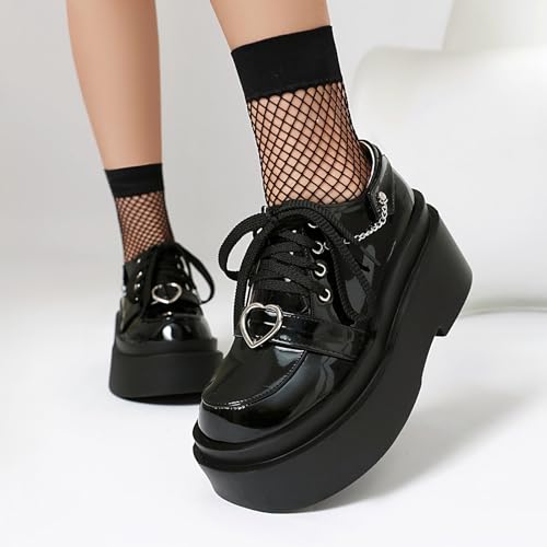 Gicoiz Women Round Toe Lace Up Wedge High Heel Gothic Pumps4