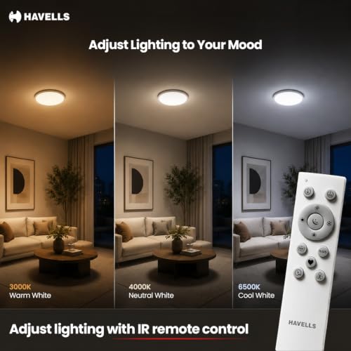 Image of Havells Aurika 30W LED Surface Ceiling Light|RGB Colour Changing + 3000K-6500K Tunable White|Dimmable with Remote Control|Modern Surface Mount Panel Light for Living Room, Bedroom & Home