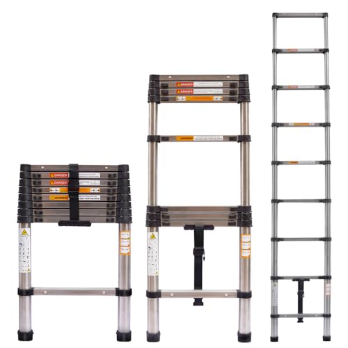 Telescopic Ladder 2.6m Collapsible Telescoping Extension Ladder 9 Adjustable Steps Portable Extendable Ladder Multi-Purpose for Garden Loft Office RV Car, 330lb Capacity EN131