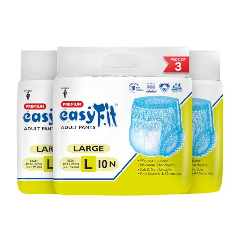 Image of Easyfit Adult Diaper Pants | 30 Count (Large) | Waist 30-55 inch (75-140 cm) | Unisex | Leak Proof | Wetness Indicator | Overnight Protection | Elastic Waist (Pack of 3)