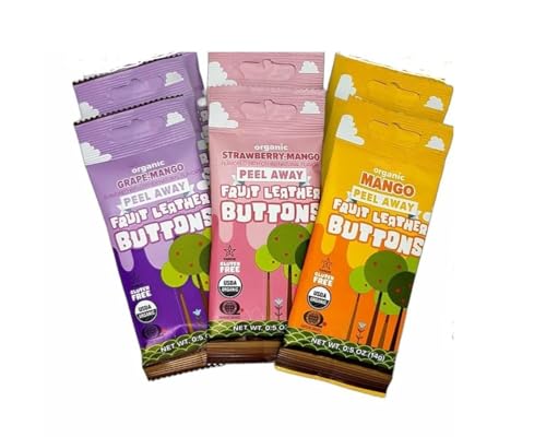 Organic and Gluten Free Assortment Fruit Leather Buttons Peel Away (Grape Mango, Mango, Strawberry Mango) – Pack of 6