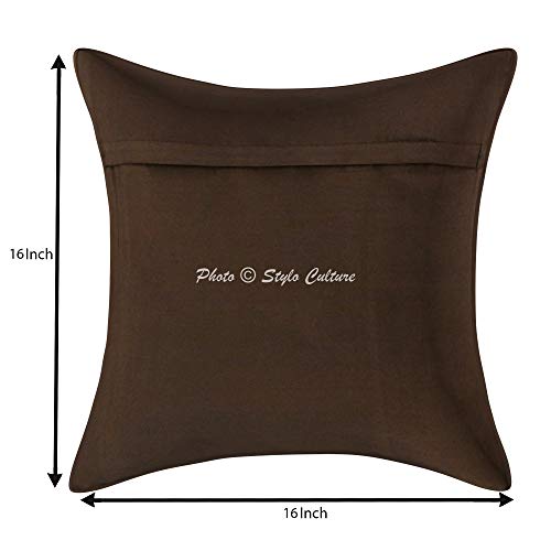Image of Decorative Brocade Cushion Covers 16x16 Inch Banarasi Jacquard Weave Coffee Brown & Gold Living Room Peacock Traditional Square 40x40 cm Zippered Sofa Settee Pillowcases -Set of 5 Pcs