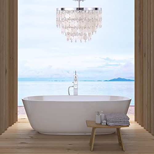 TOCHIC Modern Capiz Shell Chandelier, Boho Coastal Beach Chandelier for Bedroom, Small Semi Flush Mount Ceiling Pendant Light Fixture for Dining Living Room, Kids Room,16”W,Chrome - Image 5