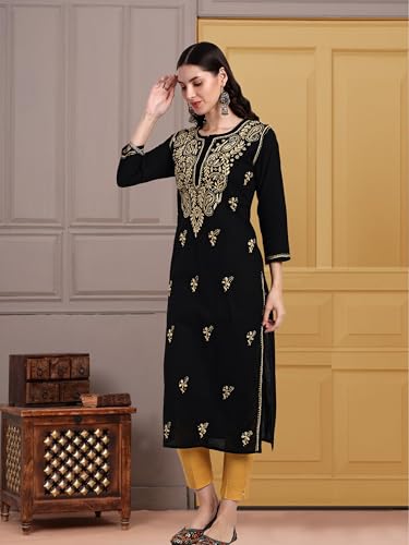 Image of Seva Chikan Hand Embroidered Lucknowi Chikankari Regular Straight Cotton Kurta Kurti for Women SCL4243