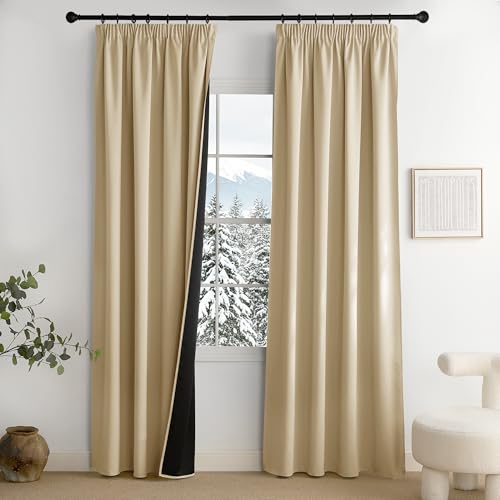 PONY DANCE 100% Tende Oscuranti per Interni Tende Termiche per Soggiorno con Fettuccia Curtains per Camera da Letto 2 Pezzi L 140 x A 220 cm, Beige