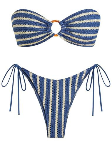 ZAFUL Womens Bandeau Bikini Strapless O Ring Lace Tie Back High Cut Two Piece Swimsuit Bathing Suits (3-Blue Striped M)