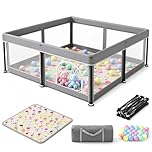 Foldable Baby Playpen with Machine Washable Mat & Balls, 127x127cm Large Portable Play Yard for Toddlers, 1-Min Setup Sturdy Safety Fence for Indoor/Outdoor, Grey