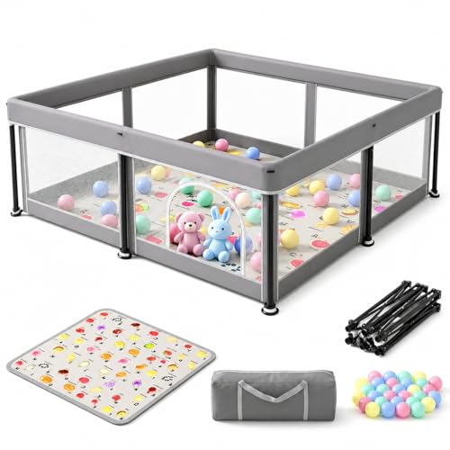 Laufstall Baby Faltbar mit Matte (127x127 cm) – Großes Laufgitter für Babys & Kleinkinder | Zusammenklappbarer Sicherheitszaun inkl. Spielmatte & Bällen | Indoor & Outdoor