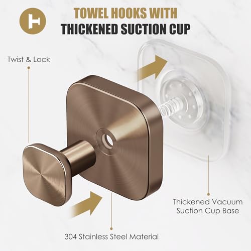 Image of Suction Cup Hooks for Shower,Heavy Duty Shower Hooks for Bathroom Wall,Glass Windows,Smooth Doors to Hang Towels,Robes,Reusable Suction Cup Wreath Hanger for Christmas Wreaths-Champagne Bronze(4 Pack)