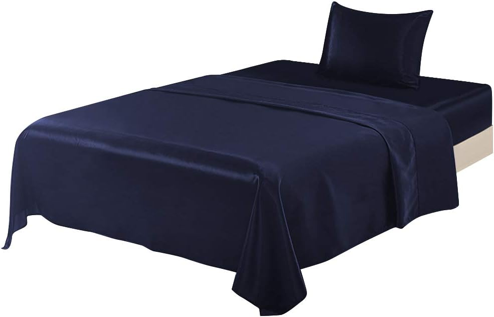 ANMINY Bed Sheet Set Imitated Satin Silk Fitted Flat Sheets Pillowcases 3 Piece Sets - Silky Soft, Deep Pockets, Wrinkle & Fade Resistant (Deep Blue, Twin Size)