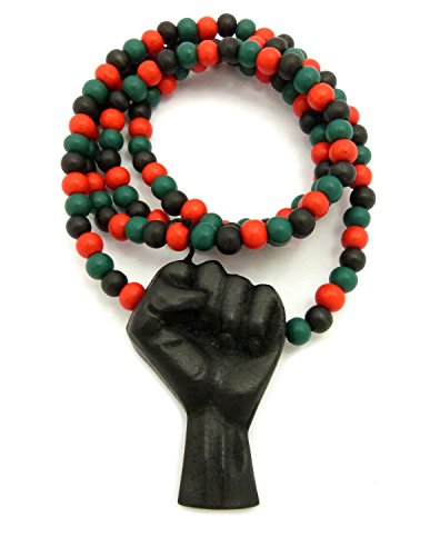 Hip Hop Black Rising Fist Pendant 8mm 24, 27, 30, 36 inches Wooden Bead Necklace