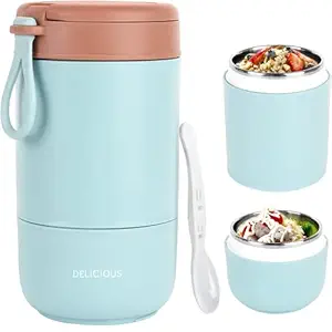 Lunch Cup and Container for Hot Food with Lid & 2 Compartments - Stainless Double Wall Insulated Food Jar for On-the-Go Cereal & Milk, Oatmeal, Soup for Work, School (Sky Blue)