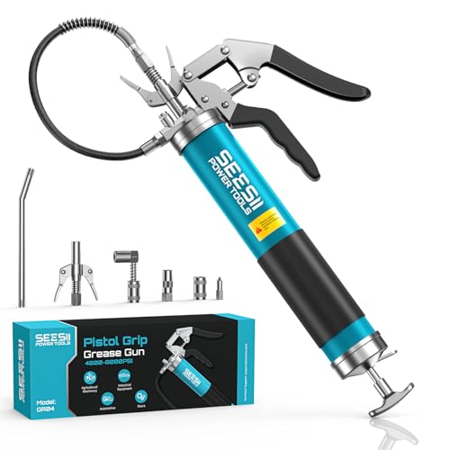Seesii Upgraded 8000PSI Grease Gun Kit: Heavy Duty Pistol Grip Grease Gun with 14oz Capacity, Quick-Release Coupler, 90°Adapter, Flexible Hose, Rigid Pipe for Automotive, Agricultural, Industrial