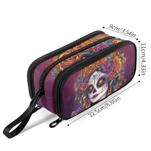 Image of Fustylead Day Of The Dead Catrina with Roses Pencil Pen Case Stationery Bag 3 Compartments School College Office Organizer Cosmetics Bag