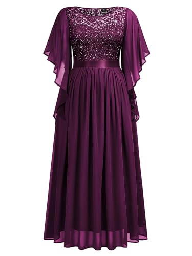 Image of Miusol Women's Plus Size Sequin Lace with Ruffle Cape Cloak Sleeves Elegant Evening Gown Wedding Guest Maxi Dress