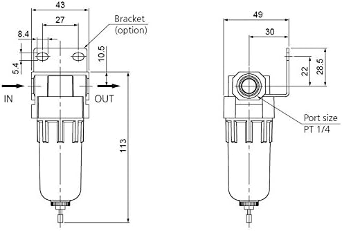PneumaticPlus SAF200-N02B Miniature Compressed Air Particulate Filter 1/4" NPT - Poly Bowl, Manual Drain, Bracket - Image 8