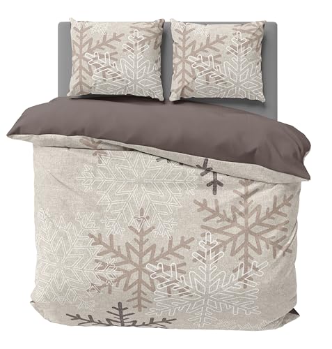 one-home Biber Bettwäsche 200x200 cm Schneeflocken Kristalle beige...