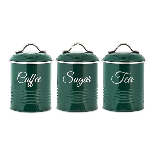 Innoteck Tea Coffee Sugar Canister Set - Set of 3 Kitchen Canister Sets with 1.3L Capacity, Food-Grade Metal Kitchen Food Storage with Airtight Lids, Tea Coffee & Sugar Tins for Organising, Green