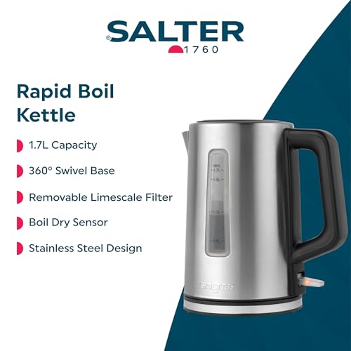 Salter Rapid Boil Kettle – 1.7L Capacity, 360° Swivel Base, Removable Limescale Filter, Water Level Indicator, Stainless Steel, Boil Dry Sensor, Auto Shut-Off, Strix Controller, 3000 W