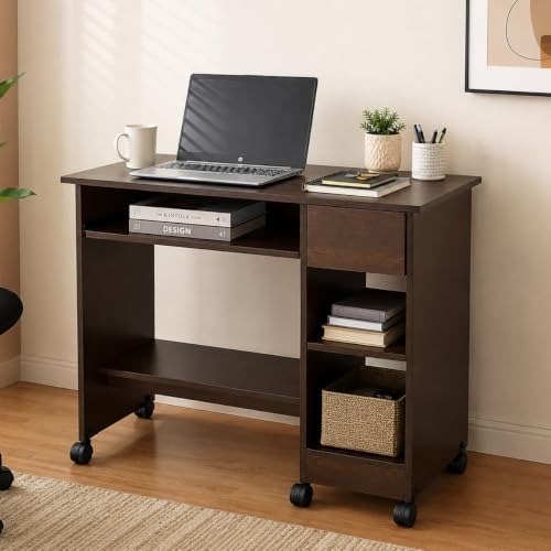 Image of Nilkamal Zenith Lite Computer Table | Engineered Wood | Computer Desk with Keyboard Tray, 2 Open Shelves and 1 Drawer | Study Table | for Home, Office, Workstation | Wenge