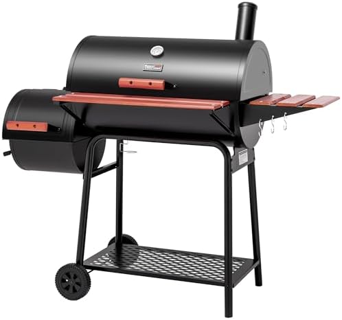 Royal Gourmet CC1830W 30-Inch Charcoal Grill with Offset Smoker and Wood-Painted Side Table, Outdoor Smoker Grill with 811 Sq. In. Cooking Area for Outdoor Barbecue Event, Black