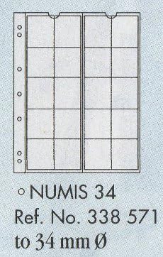 34 sheets for coins up to 34mm diameter. Pack of 5 sheets with interleaving. 193x217mm