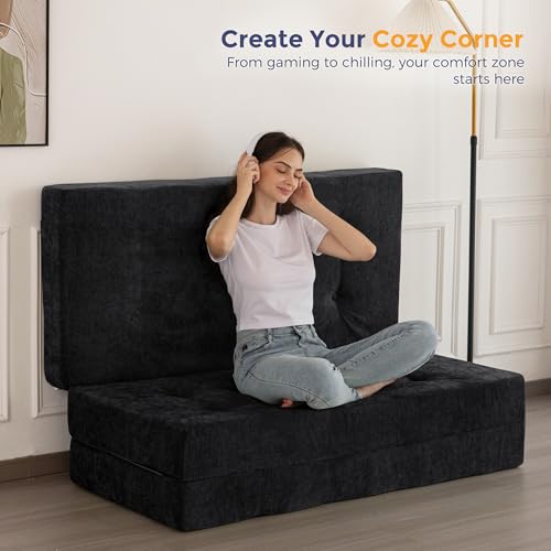 Image of MAXYOYO 6 inch Folding Sofa Bed for Floor, Tufted Tri-Fold Floor Mattress with Chenille Fabric, Full Size Portable Sofa Couch Guest Mat for Adults, Foldable Topper for Camping, Black, 53 inchx75 inch