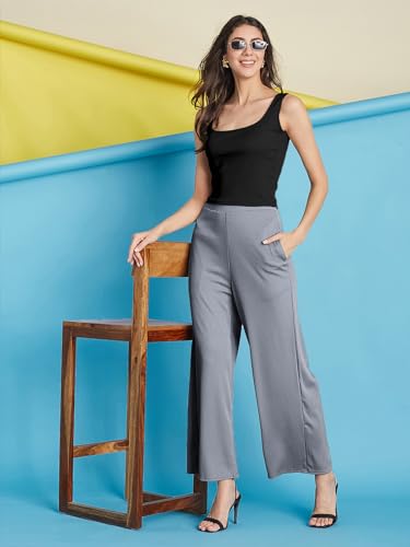 Image of Selvia Women's Solid Ribbed Lycra Elastic Regular Fit Wide-Leg Trouser