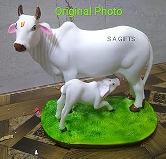 Sai Amrut Handicraft Decorative Polystone Cow and Calf Big Statue/Idol for Gift Home Decor 7 inch (Marble Cow)