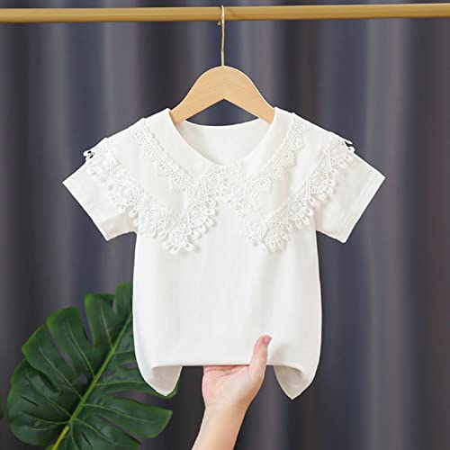 Image of Toddler Girl Lace Embroidery Blouse Short Sleeve Cotton Doll Collar Tops School Uniform Shirt