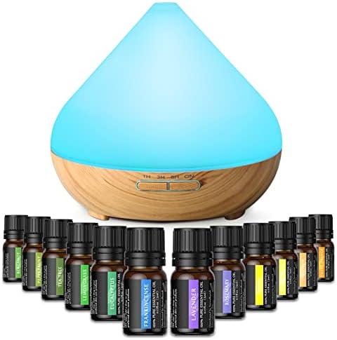 Essential Oil Diffuser & Top 12 Essential Oils Set, 300ml Aromatherapy Diffuser with 3 Timer & 7 Ambient Light Settings, Ultrasonic Diffusers for Essential Oils for Home -Lavender, Lemon and More