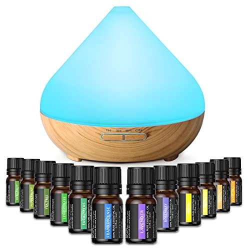 Essential Oil Diffuser & Top 12 Essential Oils Set, 300ml Aromatherapy Diffuser with 3 Timer & 7 Ambient Light Settings, Ultrasonic Diffusers for Essential Oils for Home -Lavender, Lemon and More