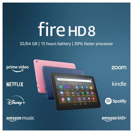 Amazon Fire HD 8 tablet, 8” HD Display, 32 GB, 30% faster processor, designed for portable entertainment, (2022 release), Black