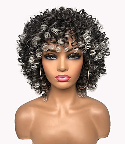 RunM Short Curly Afro Wig for Black Women 2 Tone Kinky Curly Hair Wig with Bangs Synthetic Full Wigs 14 Inches ï¼ˆOmbre White)