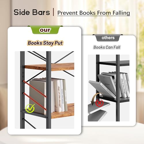 Image of DurayLoly 5 Tier Bookshelf for Narrow Space, Rustic Brown | Small Storage Shelves, Sidebars and Metal Frame