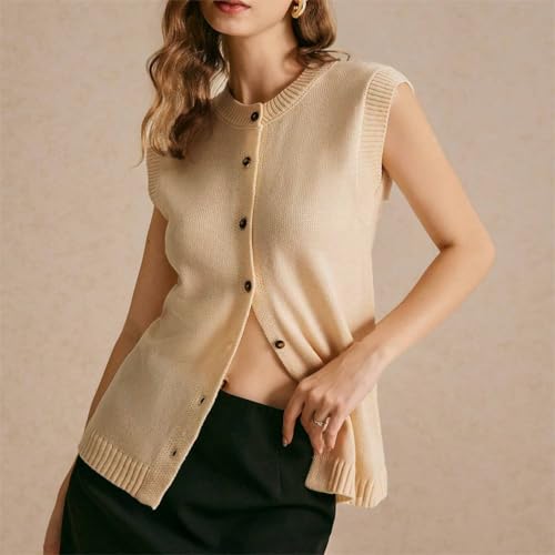 Image of Women Button Down Knit Sweater Vest Casual Loose Fit Crew Neck Sleeveless Button Front Knitted Sweater Cardigan