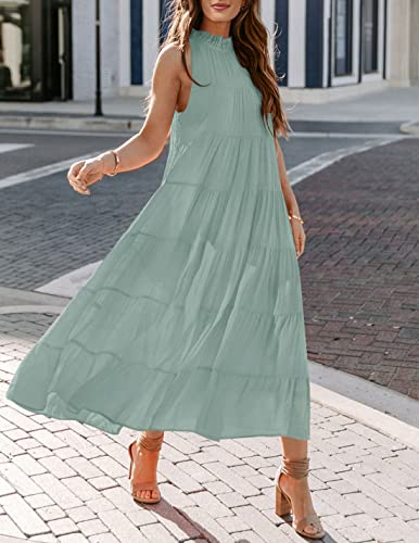 HAEOF Women's Summer Sleeveless Halter Midi Maxi Dress Casual Loose Fit Pleated Tiered Flowy Beach Vacation Long Sundress2