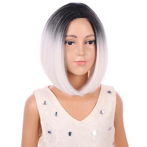 Image of Ombre Blonde Kids Wig Girls Dark Roots Middle Part Wig Short Straight Bob Wigs Synthetic Wigs