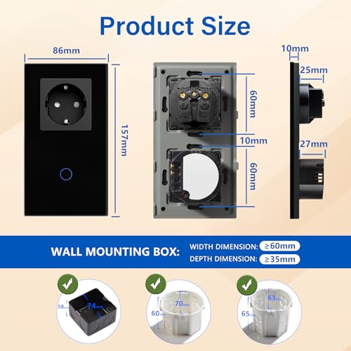 BSEED Steckdose mit Lichtschalter,Glas Touch Lichtschalter Unterputz Schalter,Schuko Steckdose mit 1 Fach 2 Wege Wandschalter Schwarz(Nicht Smart Schalter)