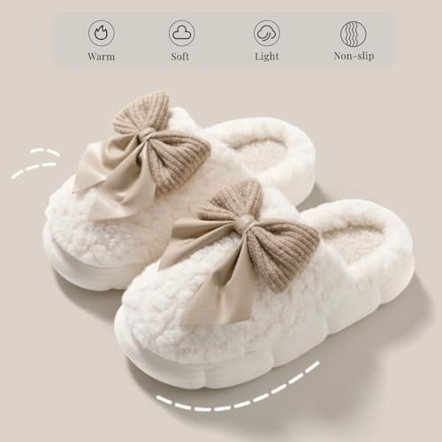 Women Bow Slipper for Home Bedroom Thick Sole Indoor Cute Fuzzy Footwear for Spring/Fall/Winter Holiday Season2
