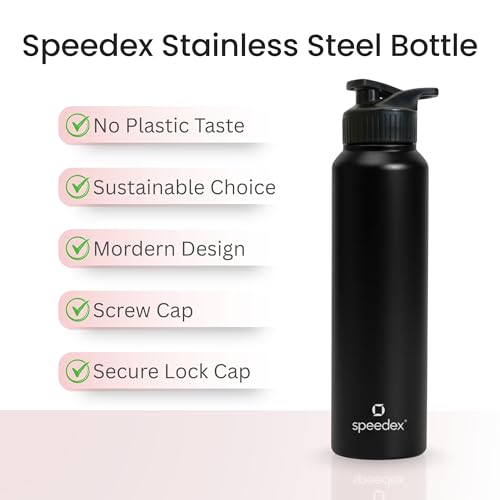 Image of Speedex Stainless Steel Metal Water Bottle 1 Ltr 1000 ml, BIS Approved, Leak Proof Sipper Cap Bottle for Office, School, Gym, Travel, Daily Use for Men, Women, Kids, Adults, Black, Set of 1