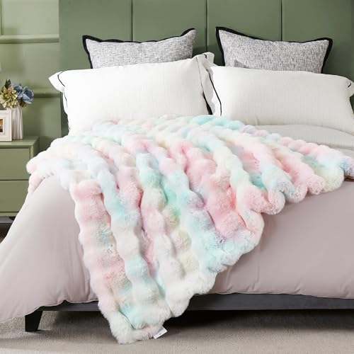 JONIYEAR Large Decorative Colorful Bubble Faux Rabbit Fur Bed Blanket Full Size 70" x 80", Soft Thick Warm Fluffy Blankets for Winter, Luxury Shag Big Cozy Fuzzy Furry Blanket for Women Girls, Rainbow