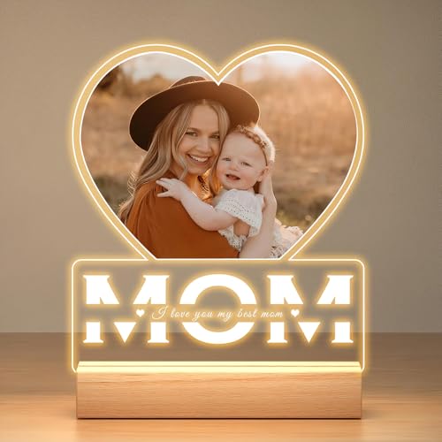 LOVELYPOD LLC Personalized Night Light for Mom with Photo - Custom Acrylic Heart Plaque with Pictures and Text - Meaningful Birthday, Mother’s Day Gift for Mom from Daughter Son - LumiNest