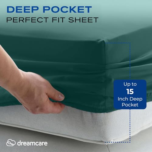 Image of DREAMCARE Full Size Sheets - Cooling Sheets - 4pcs Set - up to 15 inch Deep Pocket Full Sheet Set - Sheets Full Size Bed - Soft & Long Lasting 100% Fine Brushed Polyester with Side Pocket - Emerald Green